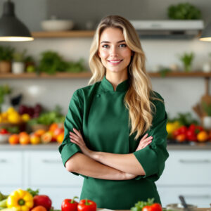 A confident female chef, dressed in a white chef’s uniform and hat, standing in a professional kitchen. She has a warm smile, with her dark hair tied back, and is surrounded by stainless steel kitchen equipment and utensils, creating a professional and inviting atmosphere