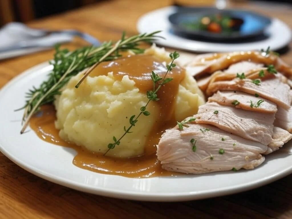 A plated dinner with mashed potatoes, turkey, and gravy, garnished with fresh herbs on a rustic dinner table.