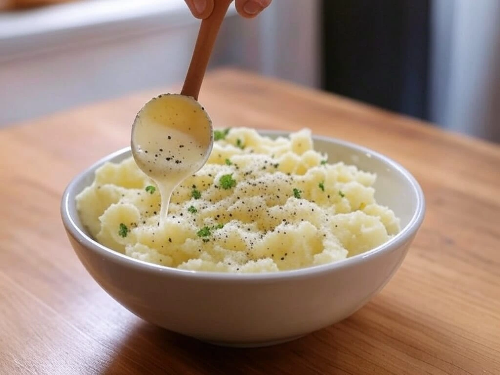 A hand pouring melted butter and warm heavy cream into a bowl of mashed potatoes while a wooden spoon stirs the mixture.