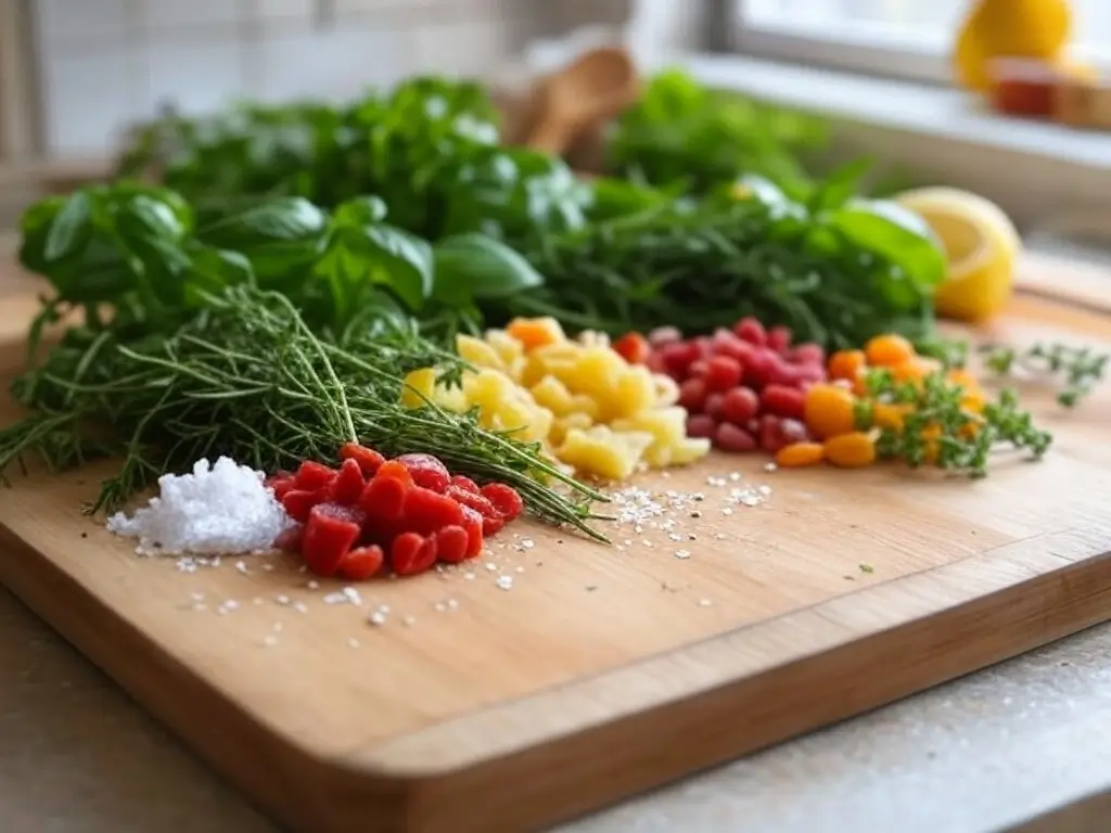 A flat lay of fresh ingredients on a rustic wooden cutting board, with herbs and spices sprinkled around.