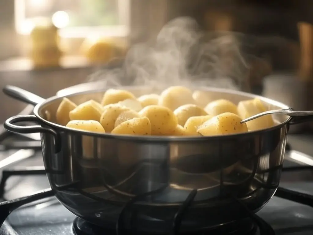 A pot of boiling potatoes with steam rising as a fork pierces a soft potato chunk.