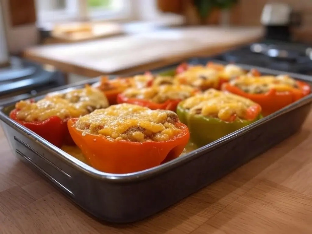 A baking dish filled with stuffed peppers being placed into the oven, with cheese melting over the edges.