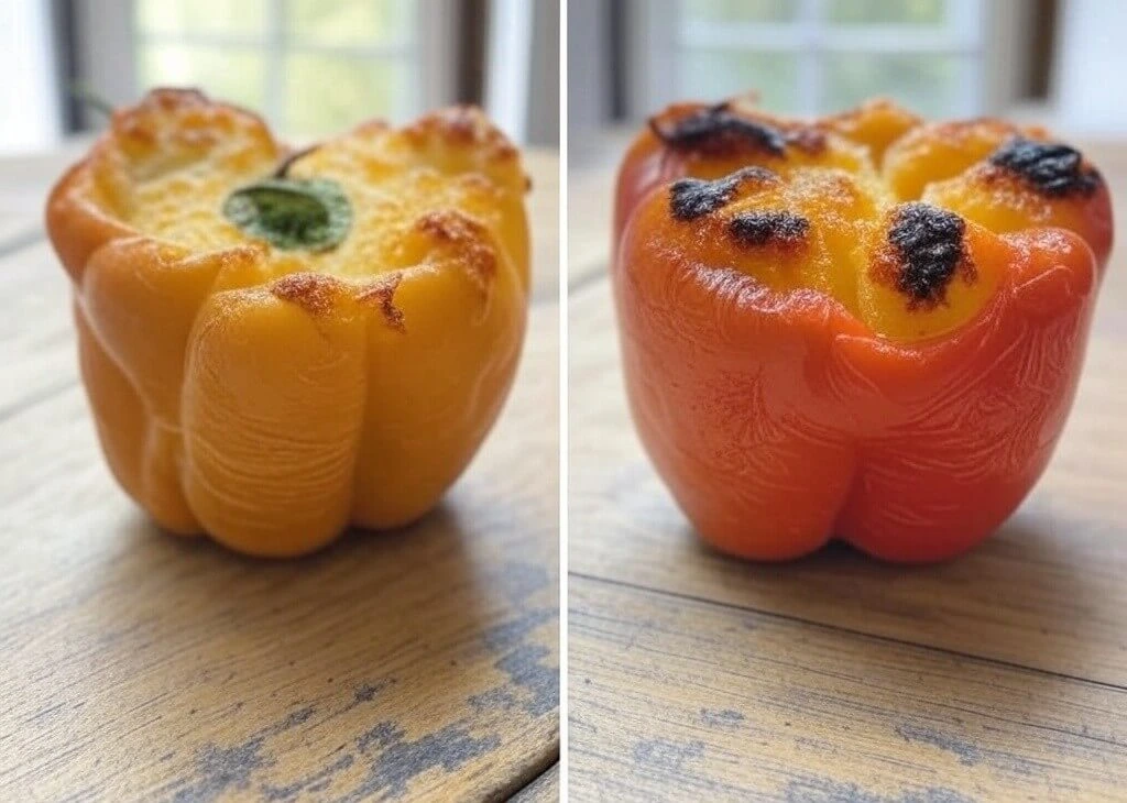 A side-by-side comparison of a perfectly baked stuffed pepper and a soggy, overfilled one, showing common mistakes.