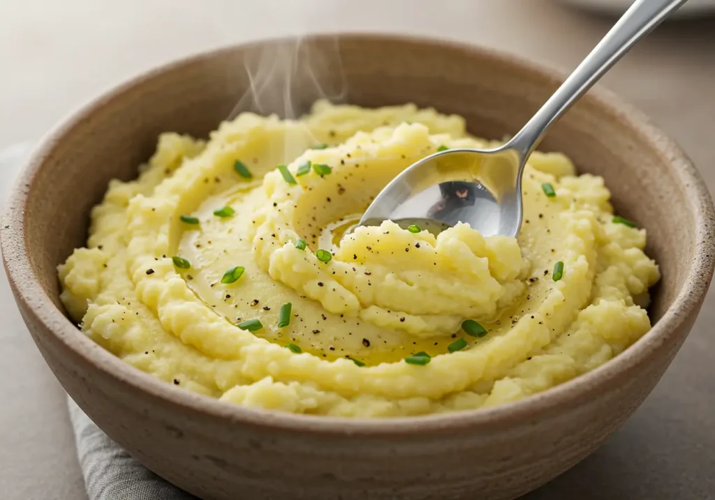 A spoon scooping into a bowl of golden mashed potatoes topped with cracked black pepper and chives, steam rising.
