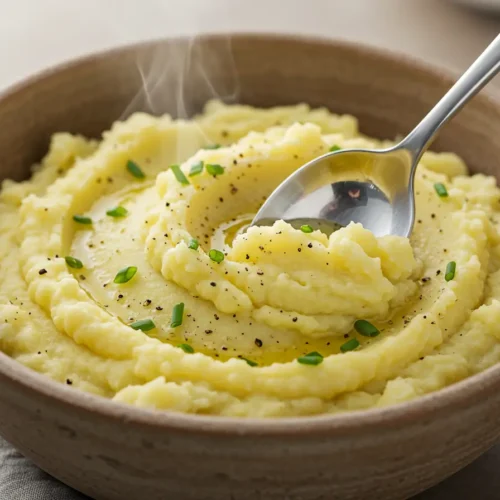 A spoon scooping into a bowl of golden mashed potatoes topped with cracked black pepper and chives, steam rising.