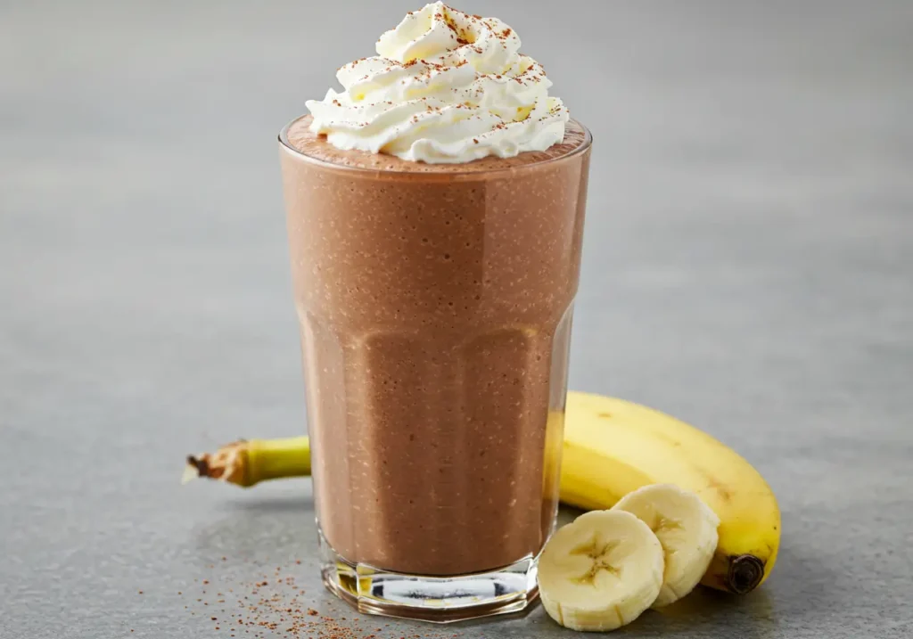 Thick dark chocolate protein shake topped with whipped cream and cocoa powder, served with sliced banana.
