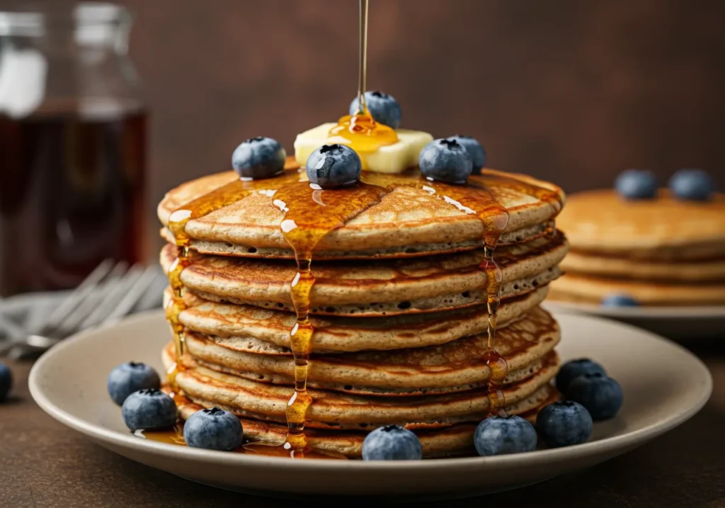Stack of golden gluten-free pancakes topped with blueberries, maple syrup, and melting vegan butter.