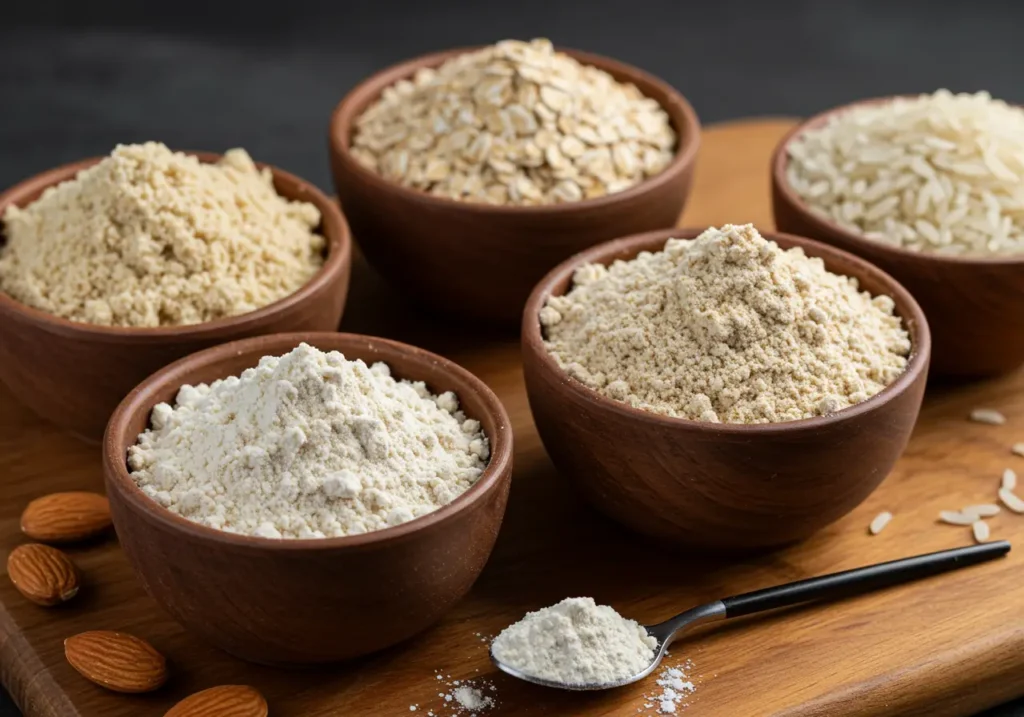 Close-up of almond, oat, and rice flour in rustic bowls with baking powder in the center, on a wooden board.