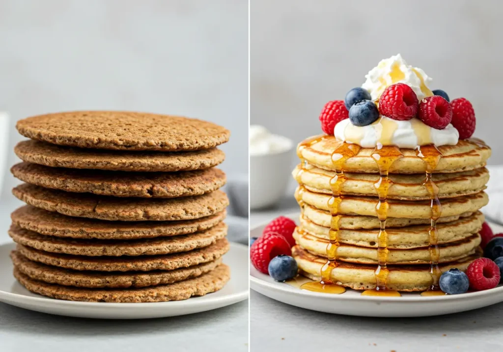 Side-by-side of dense vs. fluffy gluten-free pancakes, highlighting texture and topping appeal.