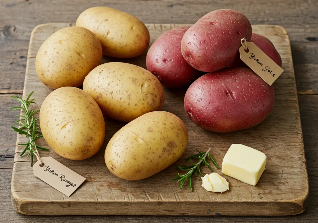 Rustic cutting board with whole labeled Yukon Gold, Russet, and Red potatoes, styled with rosemary and butter.