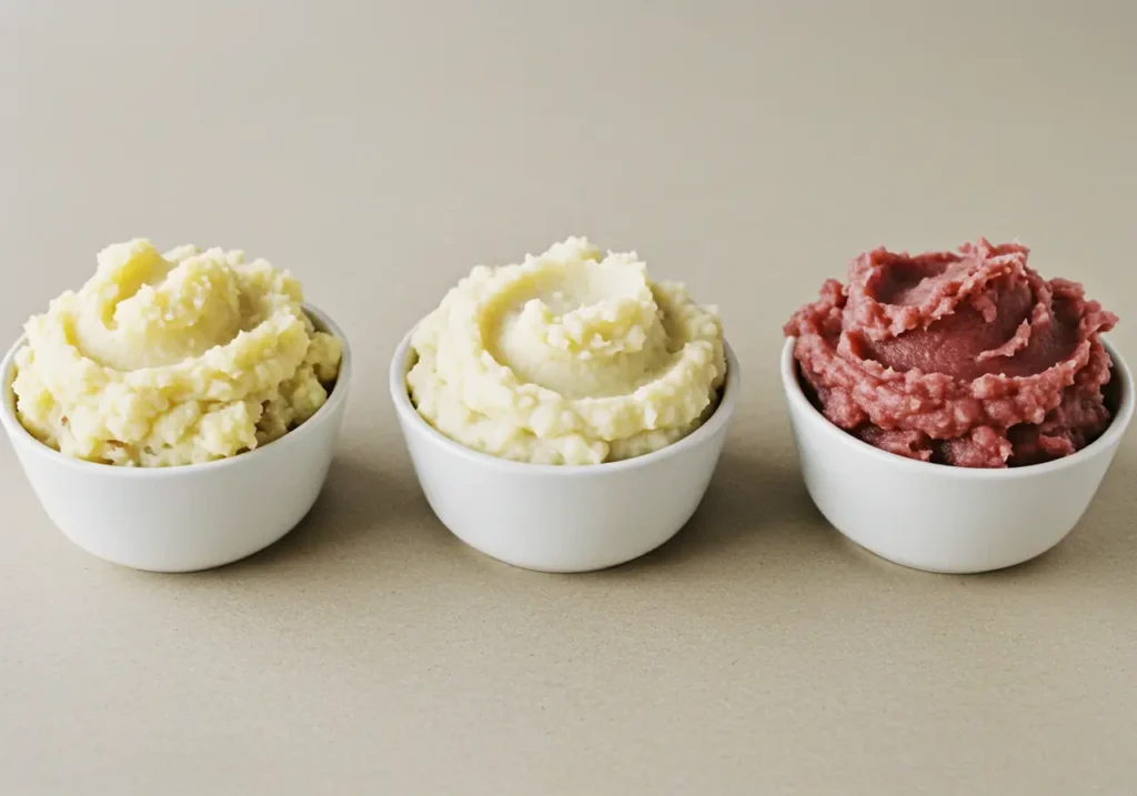 Side-by-side bowls of mashed potatoes made from Russet (fluffy), Yukon Gold (creamy), and Red (dense and chunky) potatoes.