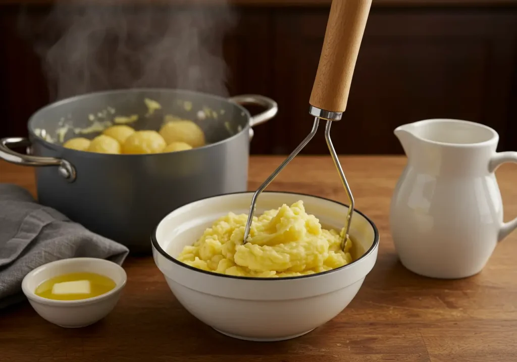 Steaming Yukon Gold potatoes being mashed in a pot beside melted butter and warm cream in a cozy kitchen scene.