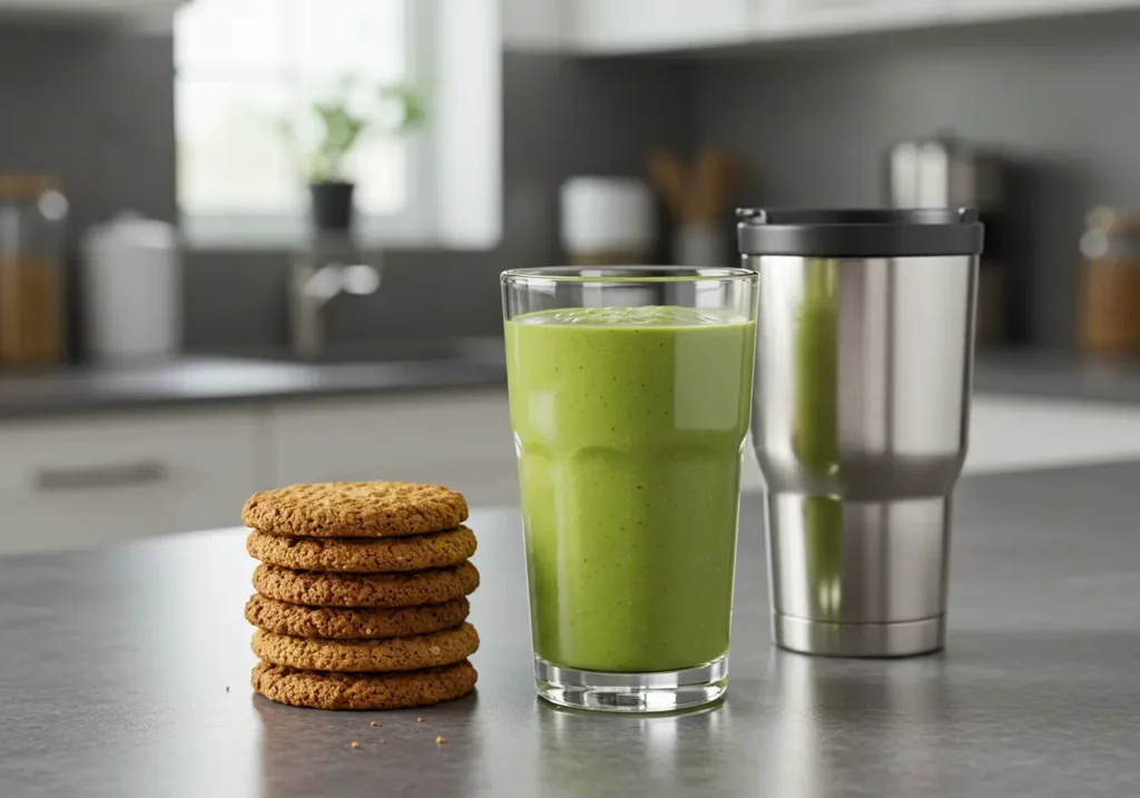 Glass of breakfast protein shake beside oatmeal cookies and a travel coffee mug for a busy morning vibe.