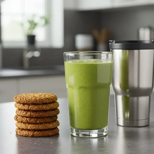 Glass of breakfast protein shake beside oatmeal cookies and a travel coffee mug for a busy morning vibe.