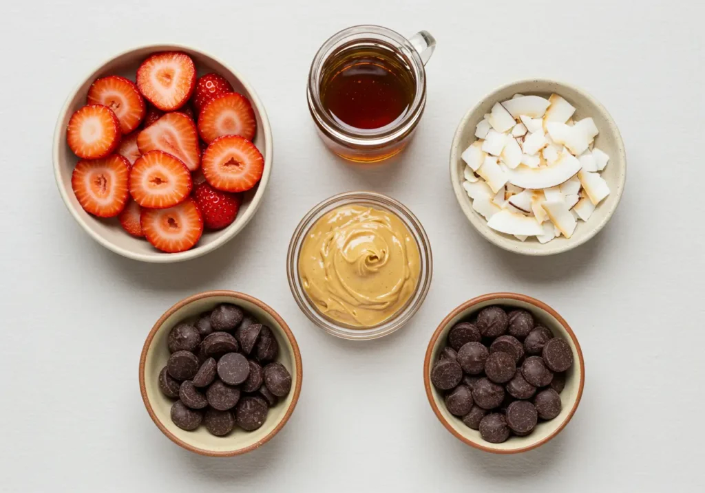 Flat lay of pancake toppings including strawberries, maple syrup, peanut butter, coconut flakes, and chocolate chips.