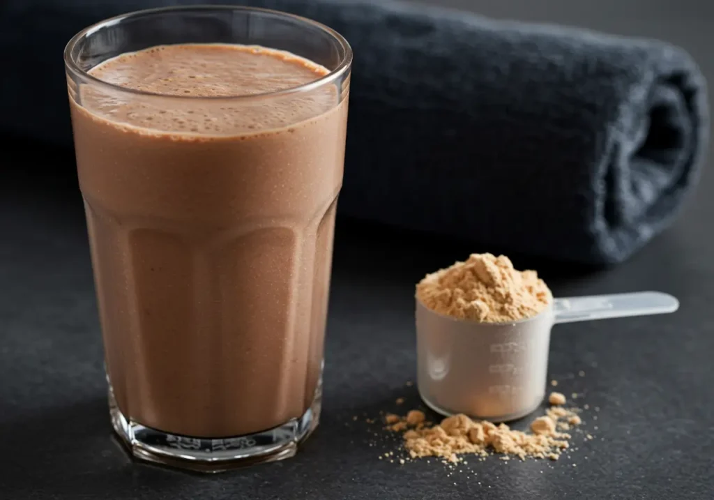 Frothy chocolate protein shake in a tall glass with whey protein powder and a gym towel