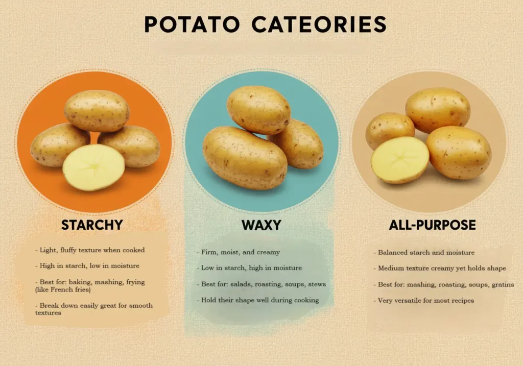 Infographic categorizing potatoes into Starchy, Waxy, and All-Purpose with photos and usage tips.