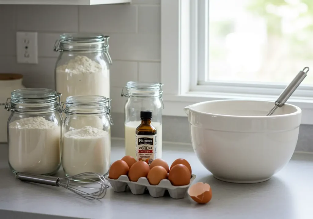 A cozy kitchen counter with flours, almond milk, eggs, vanilla, and a whisk beside a mixing bowl.