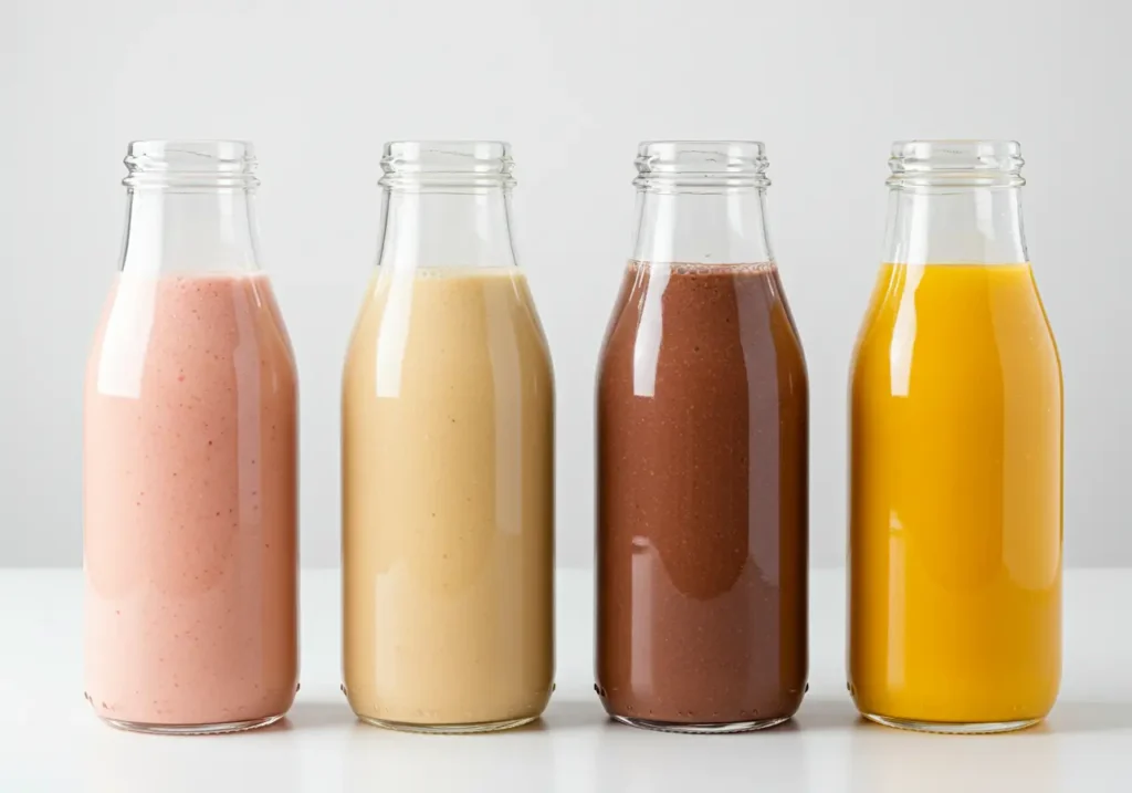Glass bottles of almond milk, coconut water, and oat milk lined up on a rustic wooden table with labels.