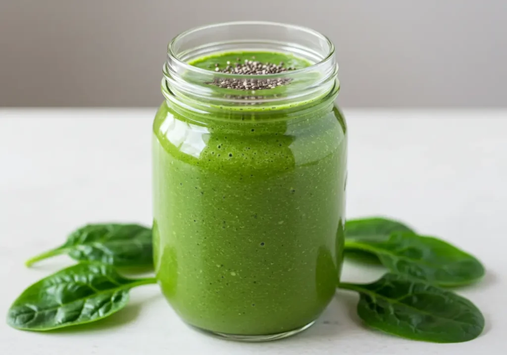 Bright green protein shake in a mason jar topped with chia seeds and surrounded by spinach leaves.
