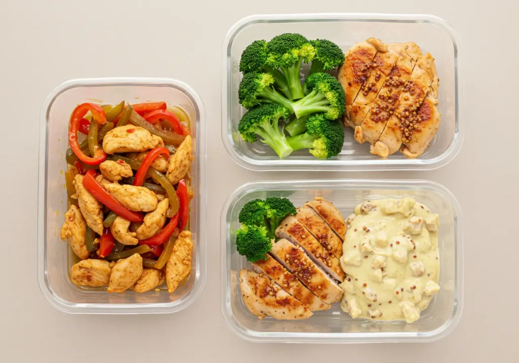 Three meal prep containers with keto chicken meals featuring stir-fried peppers, steamed broccoli, and creamy mustard sauce.