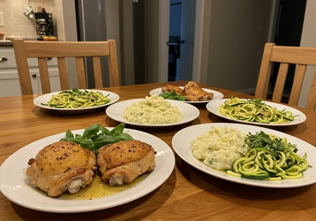 Dinner table with garlic butter chicken thighs, cauliflower mash, and sautéed zucchini noodles with herbs.