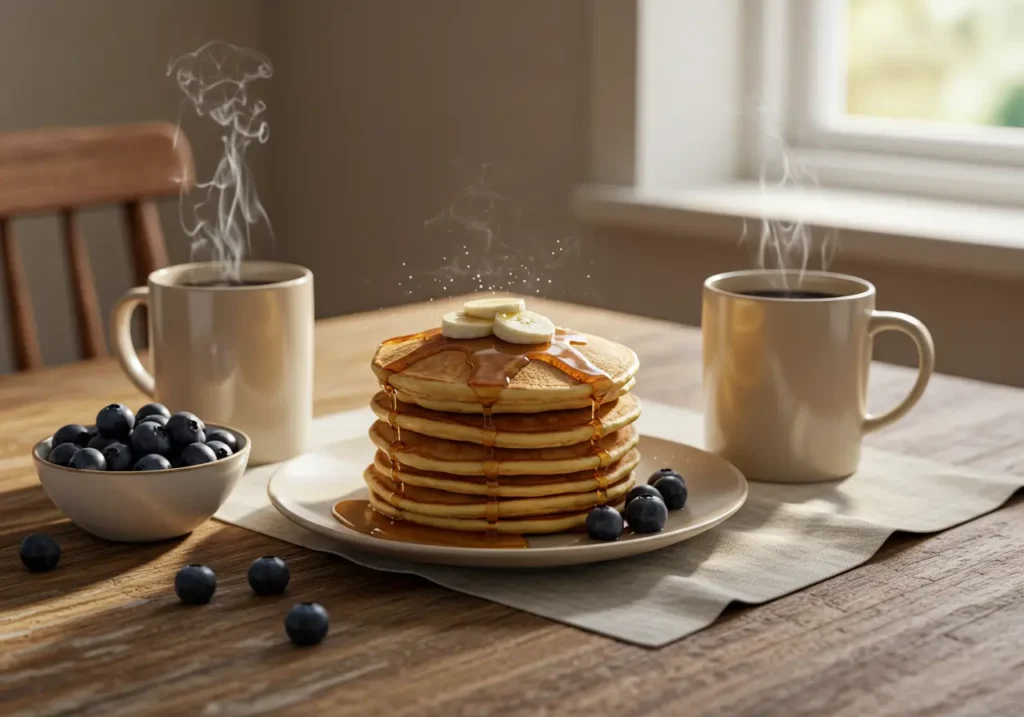 A breakfast table with stacked pancakes, coffee mugs, blueberries, and soft morning light.