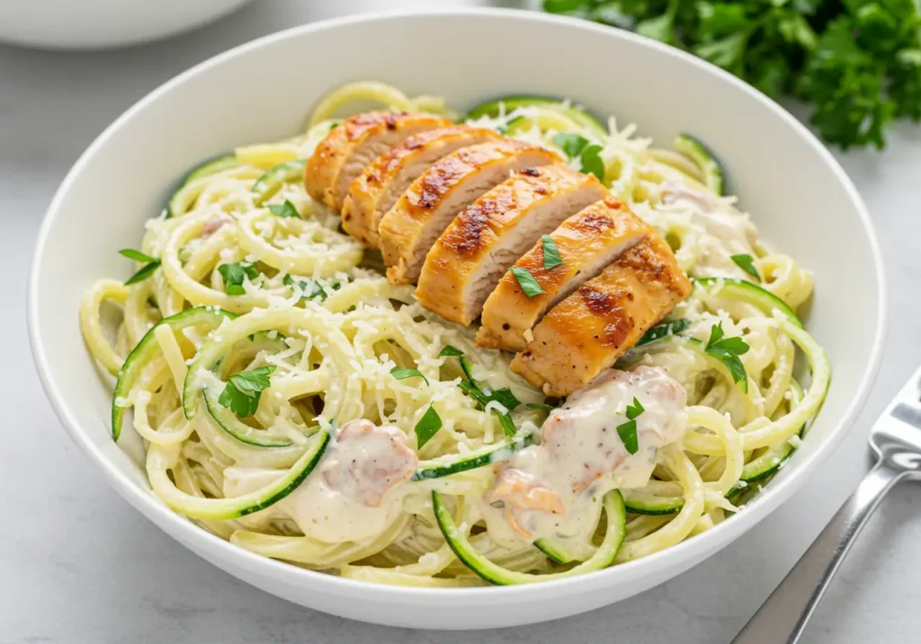 A bowl of creamy Alfredo zucchini noodles topped with sliced chicken breast, parmesan, and fresh parsley.
