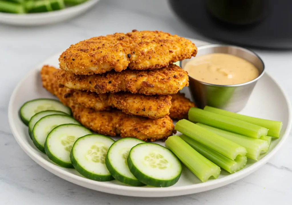 A stack of crispy air fryer chicken tenders with dipping sauce, cucumbers, and celery.
