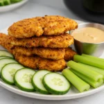A stack of crispy air fryer chicken tenders with dipping sauce, cucumbers, and celery.