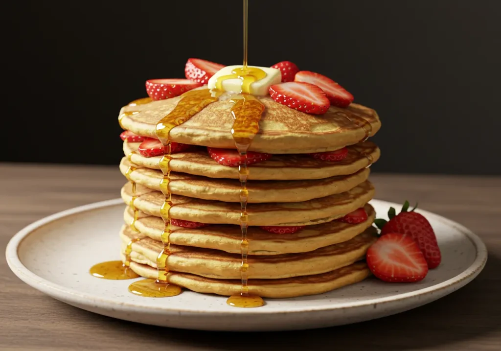 Stack of fluffy pancakes topped with fresh strawberries, melting butter, and syrup cascading down the sides.
