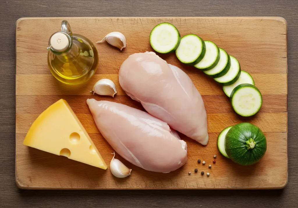 Flat lay of raw chicken breasts, garlic cloves, olive oil, cheddar cheese, and sliced zucchini on a wooden board.