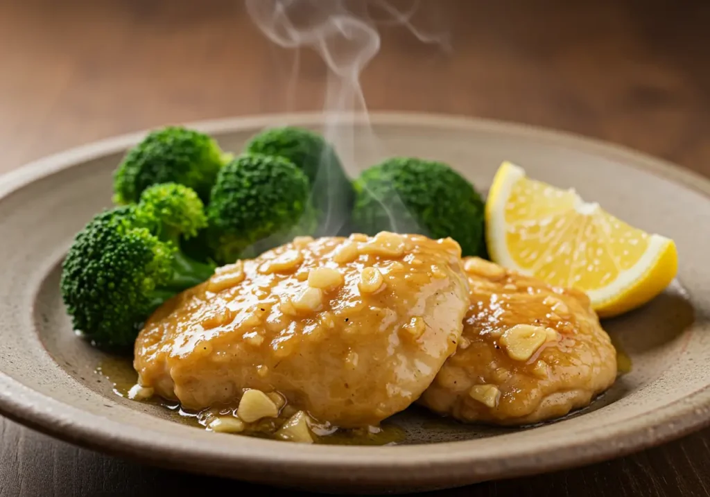 Garlic butter chicken served with steamed broccoli and a lemon wedge on a rustic dinner plate.