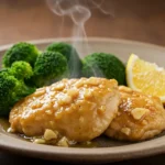 Garlic butter chicken served with steamed broccoli and a lemon wedge on a rustic dinner plate.