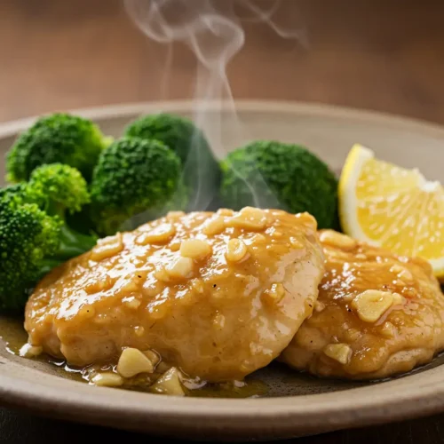 Garlic butter chicken served with steamed broccoli and a lemon wedge on a rustic dinner plate.