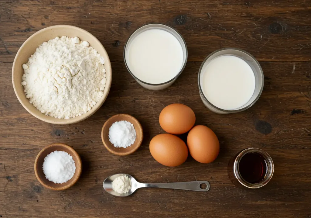 Flat lay of gluten-free flour, almond milk, eggs, baking powder, and maple syrup on a rustic table.