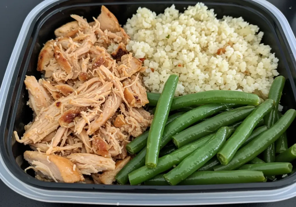 A meal prep container filled with shredded chicken, cauliflower rice, and sautéed green beans.