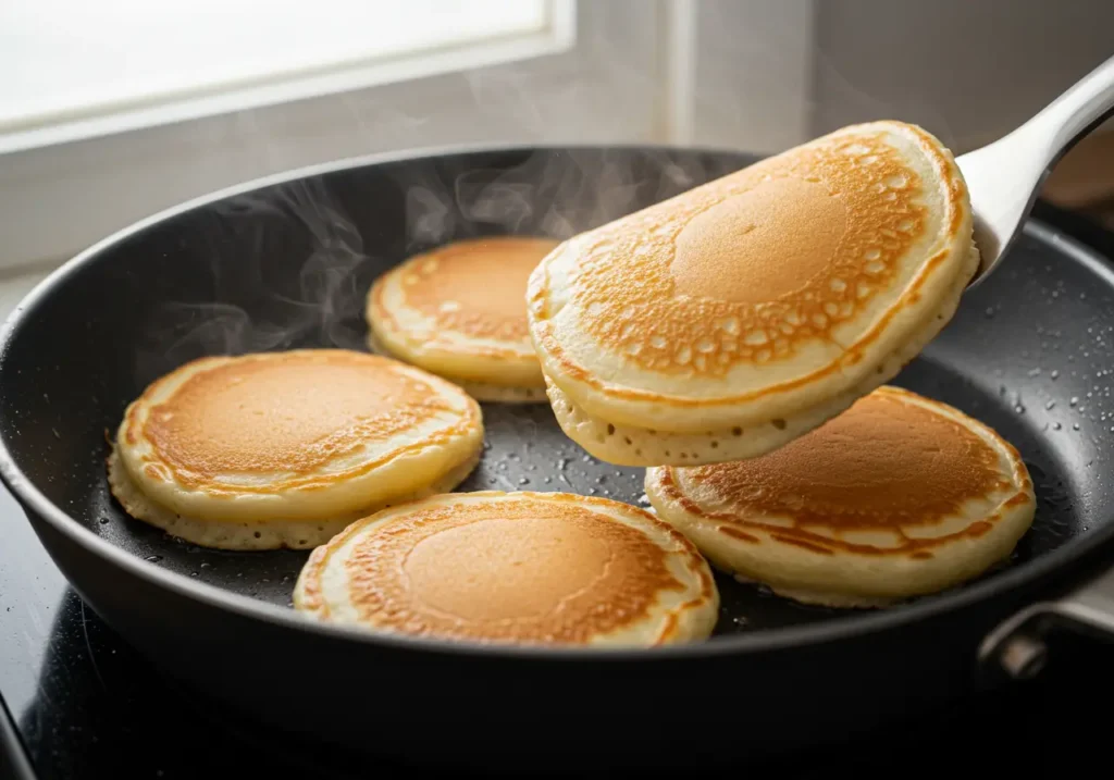 Close-up of pancakes cooking in a non-stick pan with golden edges, one about to be flipped with a spatula.