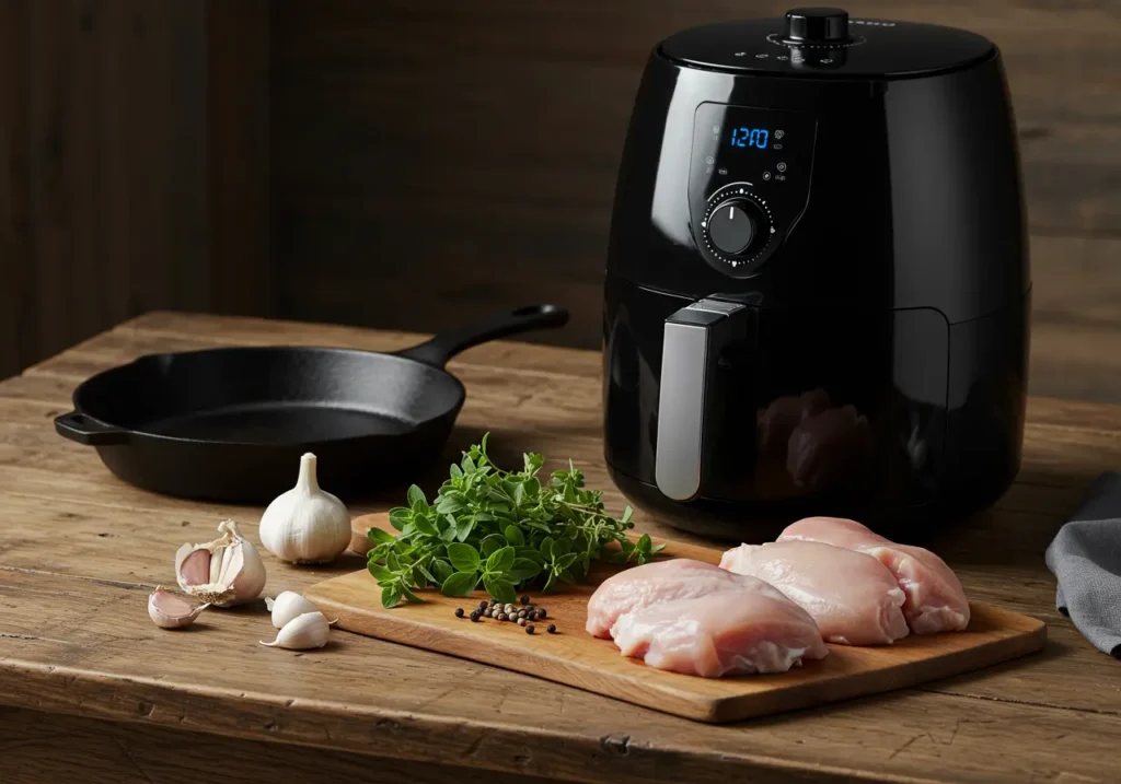 A rustic kitchen counter with an air fryer, cast iron skillet, and fresh cooking ingredients like garlic, herbs, and chicken.