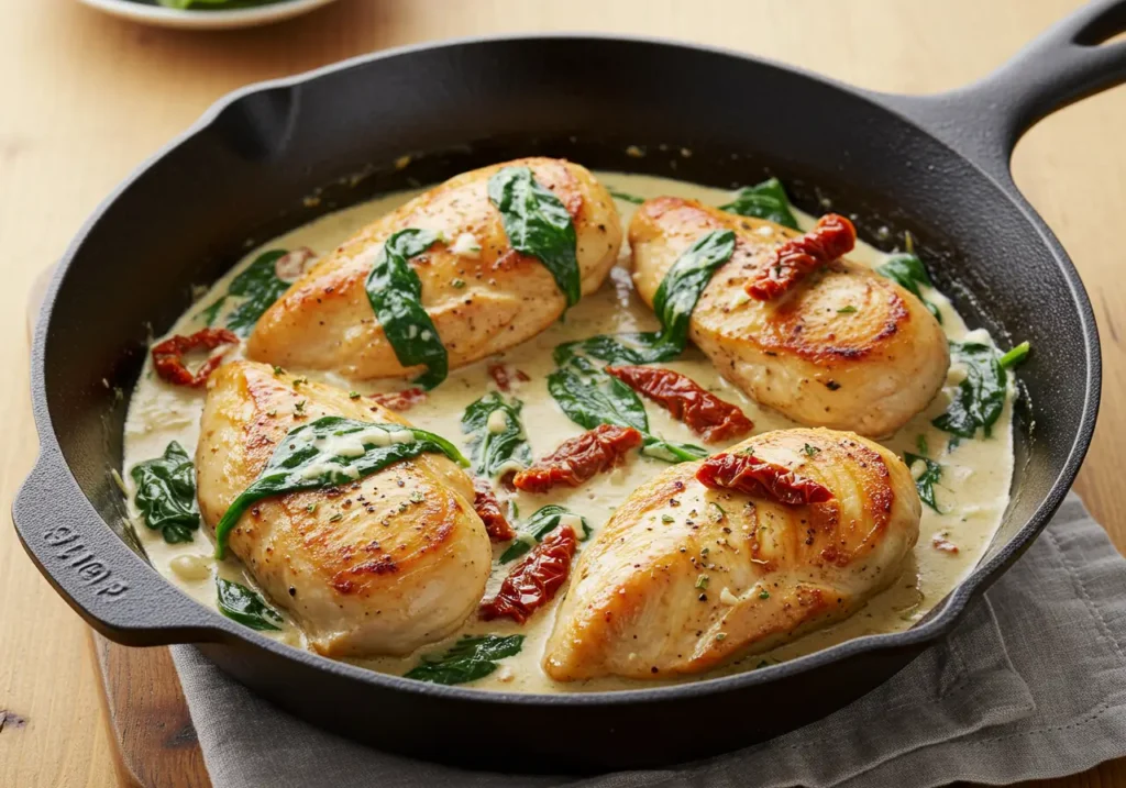 Skillet with golden chicken breasts in creamy sauce with spinach and sun-dried tomatoes.