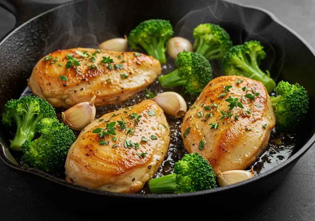 Golden-browned chicken breasts in a skillet with broccoli, garlic cloves, and fresh herbs.