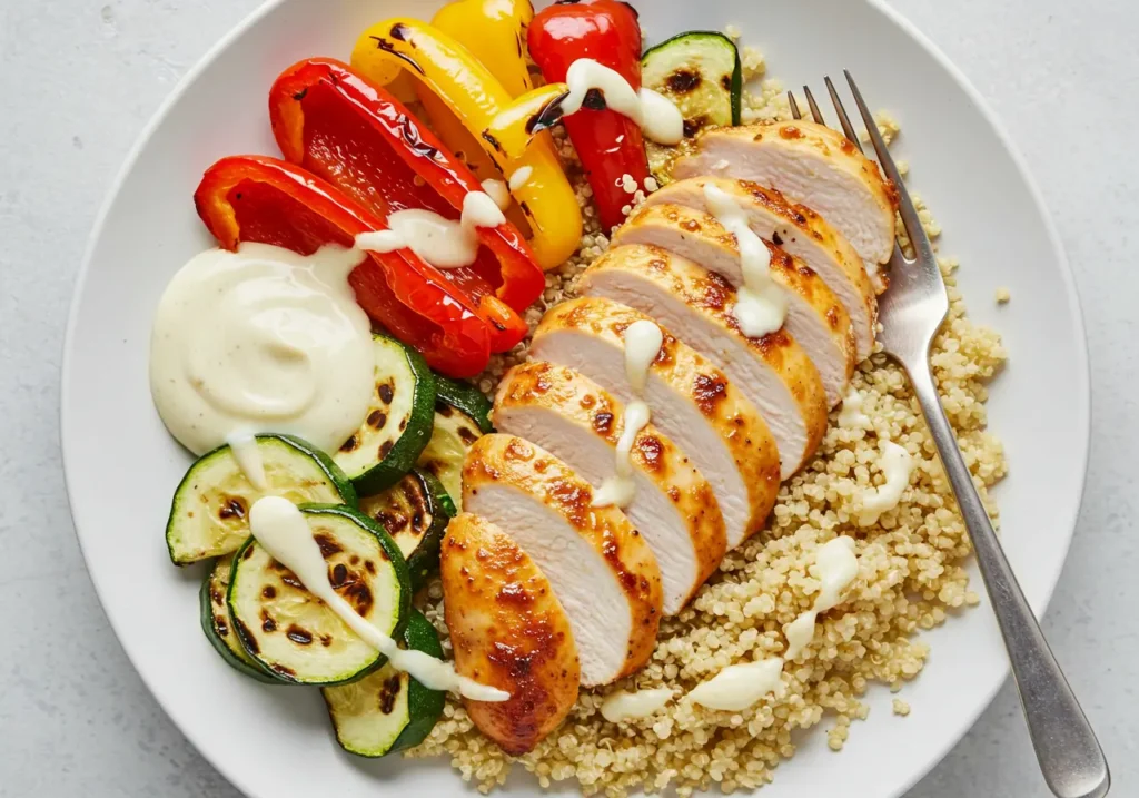 Sliced air fryer chicken breast served over quinoa with grilled vegetables and lemon tahini dressing