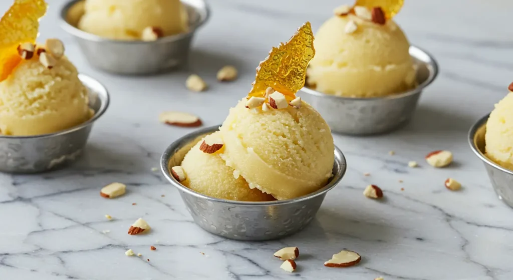 Silver bowls of pale yellow Asian pear sorbet topped with crushed almonds and candied orange peel on a marble slab