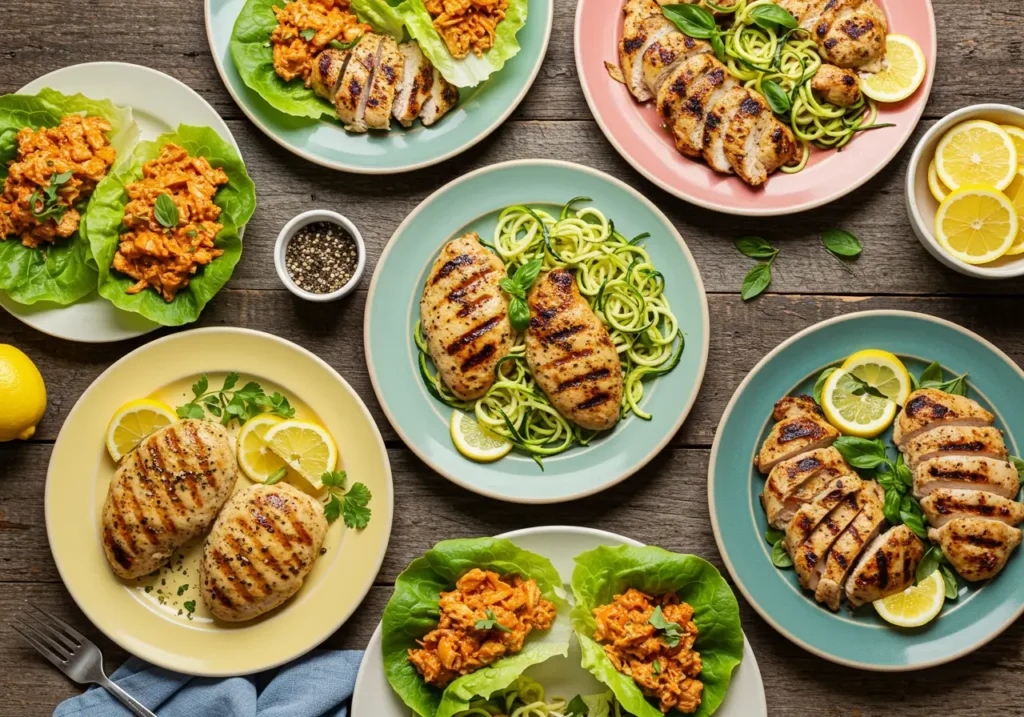 A rustic wooden table with colorful chicken dishes including creamy garlic parmesan chicken, grilled chicken with zucchini noodles, and buffalo chicken lettuce wraps, garnished with herbs and lemon slices.