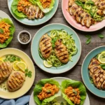 A rustic wooden table with colorful chicken dishes including creamy garlic parmesan chicken, grilled chicken with zucchini noodles, and buffalo chicken lettuce wraps, garnished with herbs and lemon slices.