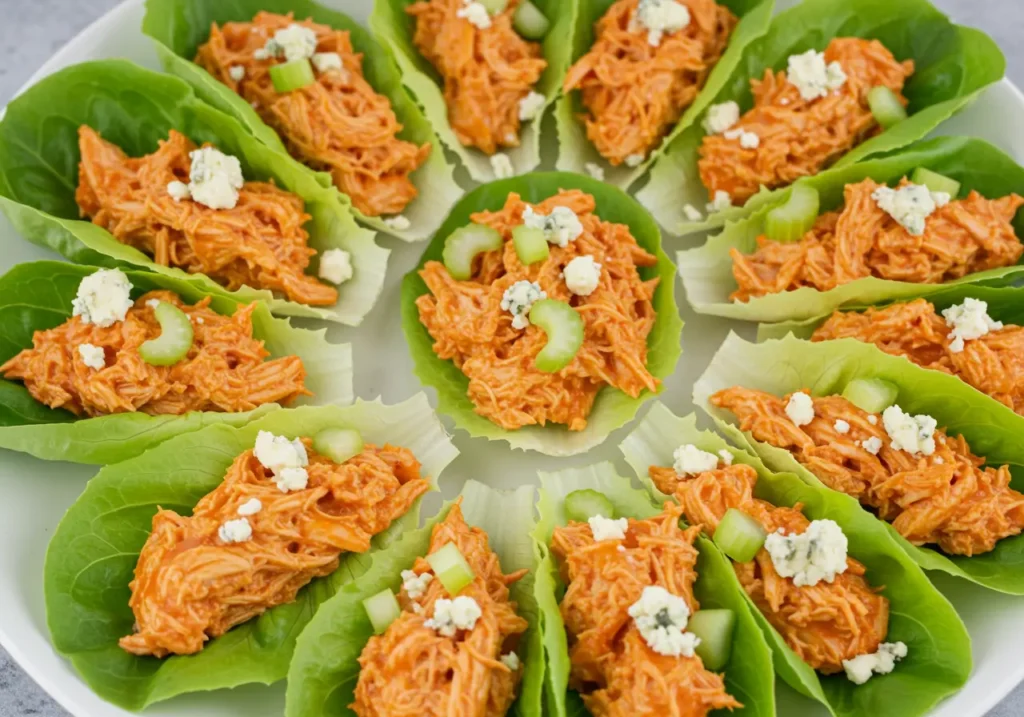 Lettuce cups filled with shredded buffalo chicken, topped with celery and blue cheese crumbles.