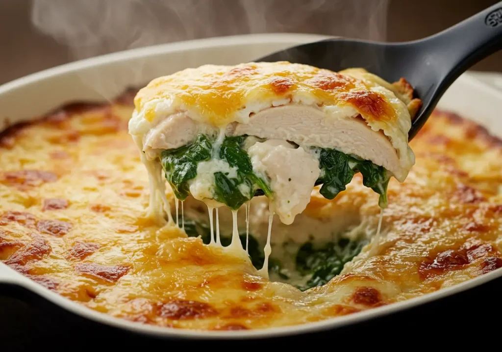 A bubbling casserole with a golden cheese crust being scooped to show layers of chicken, spinach, and creamy sauce.