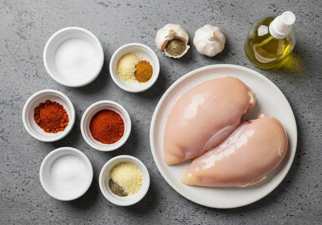 Overhead shot of two raw boneless skinless chicken breasts with bowls of paprika, garlic powder, onion powder, salt, pepper, and a bottle of olive oil spray