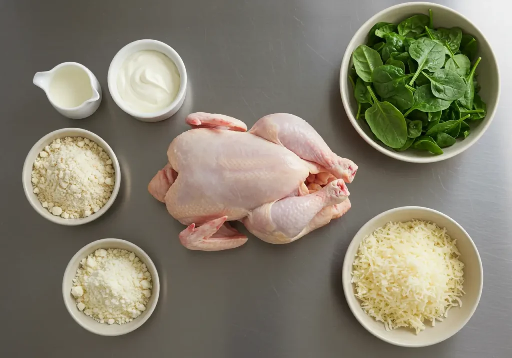 Overhead view of a prep table with almond flour, parmesan cheese, heavy cream, chopped spinach, and a whole raw chicken in the center.