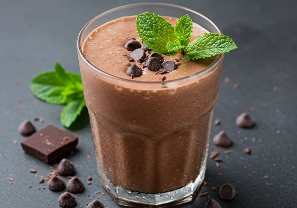 A chocolate shake with fresh mint leaves on top, chocolate chips sprinkled around, served in a chilled glass with condensation.